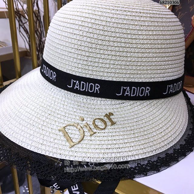 Dior女士帽子 迪奧蕾絲邊吊帶盆帽草帽遮陽帽  mm1089